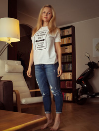 Tight blue jeans, white T-shirt, long blonde hair, blue eyes and big, round breasts - Caroline Abel #01