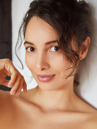 Sexy brunette Calypso invites you to watch as she unbuttons her sheer white shirt #20